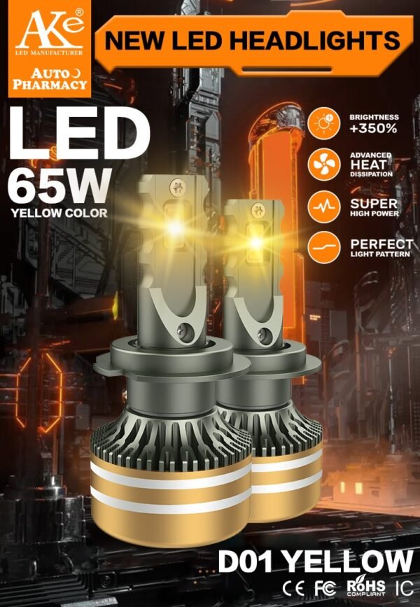 AKE D01 Series: 9005 LED YELLOW Headlights Bulbs 130 W (Combined)